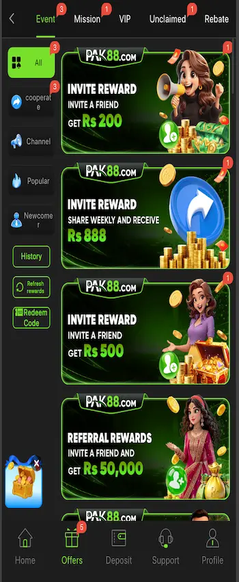 PAK88 Game offers and bonus rewards section in app