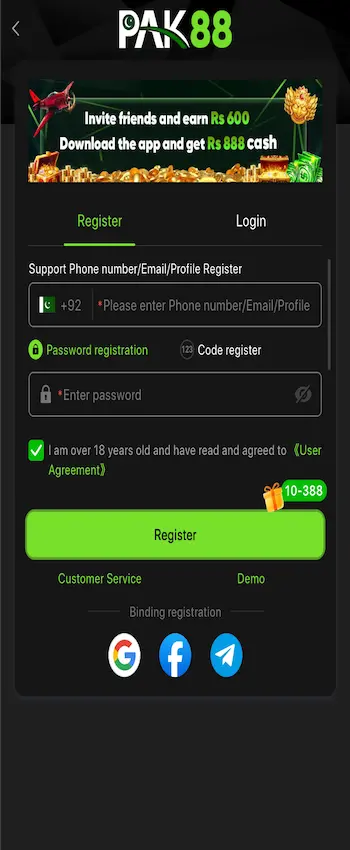 PAK88 Game registration page for new users signup
