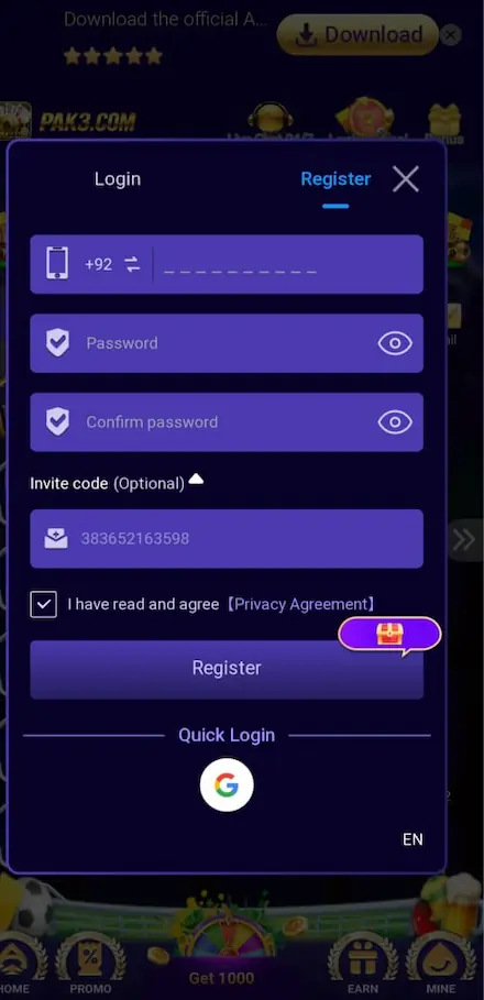 PAK3 Game APK 2026 registration page