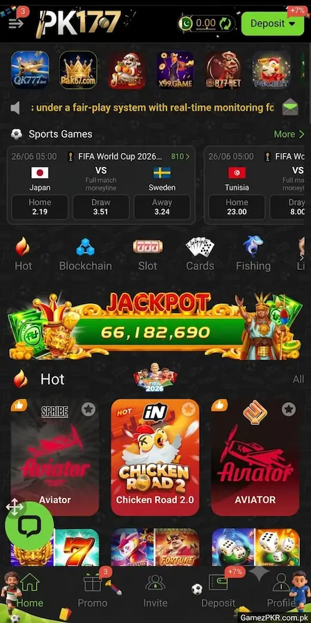PK177 Game home screen showing the latest Android app interface with the main dashboard, navigation menu, and user options in the 2026 APK version.
