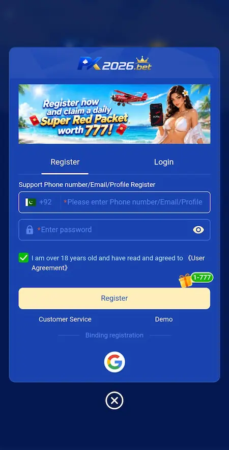 PK.Bet Game registration and login screen interface