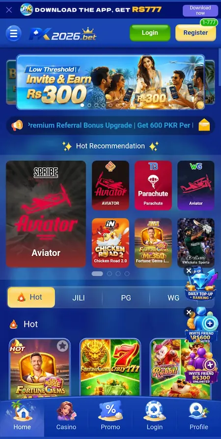 PK.Bet Game main interface and dashboard screen