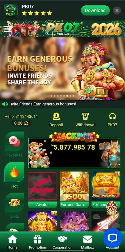 PK07 Game APK 2026 home screen interface on Android