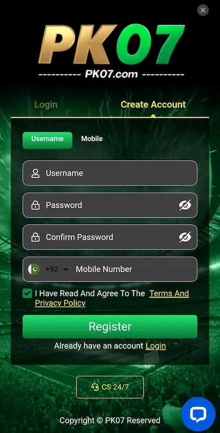 PK07 Game APK 2026 registration page showing sign up form