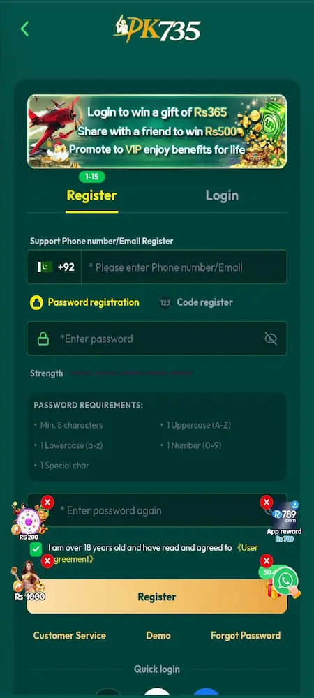 PK735 Game login and registration page shown on Android app