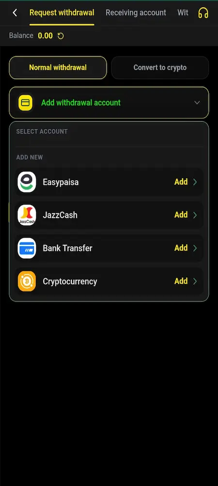 PK735 Game withdrawal dashboard showing EasyPaisa, JazzCash, and bank transfer options