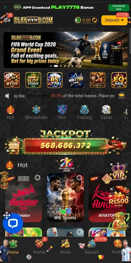 PLAY7778 Game 2026 home screen showing main dashboard and game menu