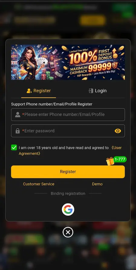 PLAY7778 Game 2026 registration page for creating new user account