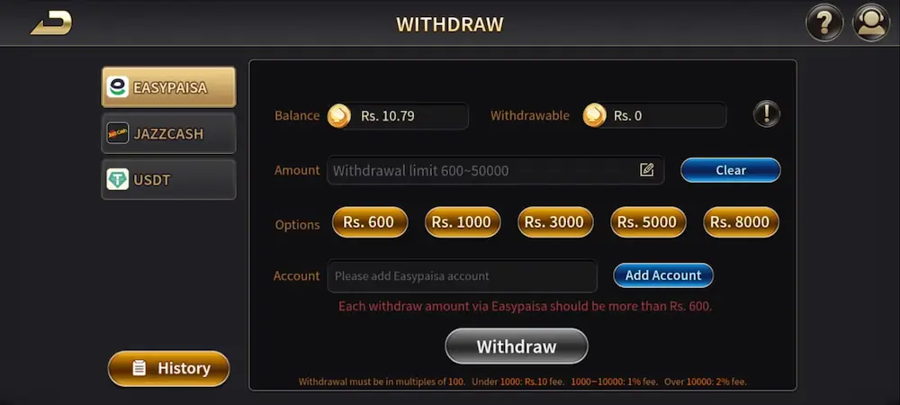RoyalX Casino Game withdrawal screen showing cash out options and balance details