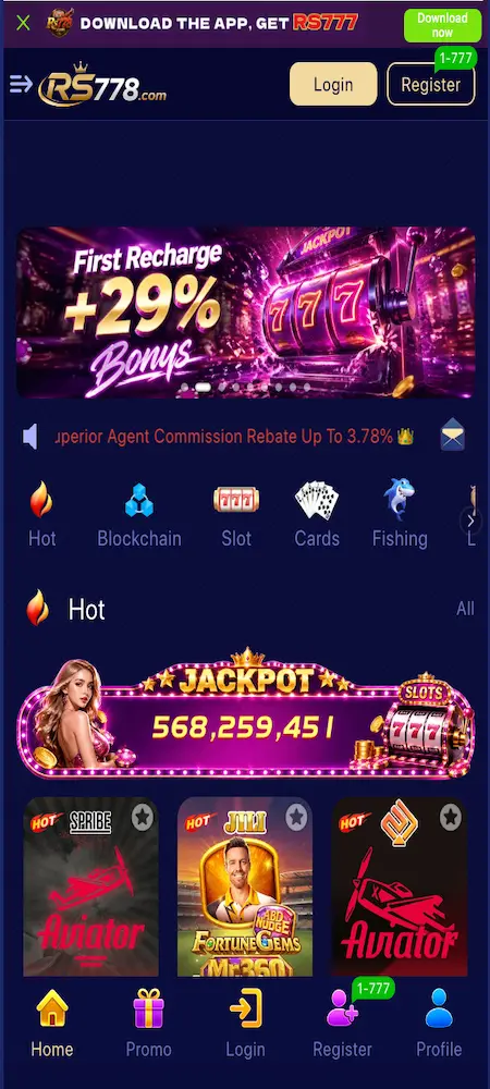 RS778 Game dashboard interface on Android app
