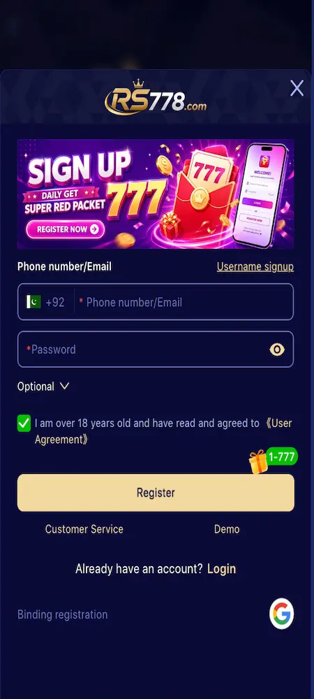 RS778 Game login and registration page