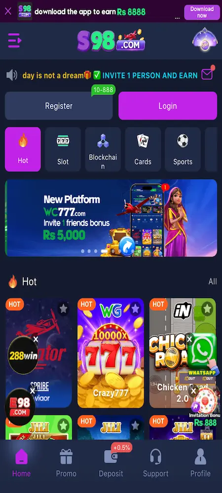 S98Win Gameplay 2026 main interface dashboard on Android