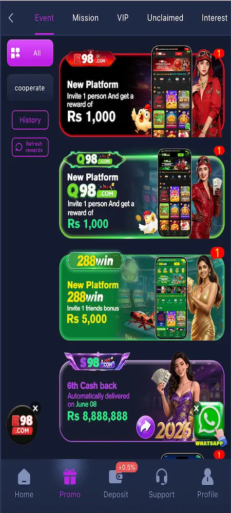 Main dashboard view of S98Win Gameplay 2026 app