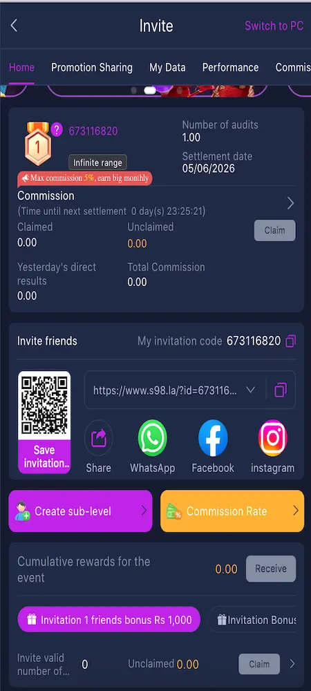 S98Win Gameplay invite and earn referral program page