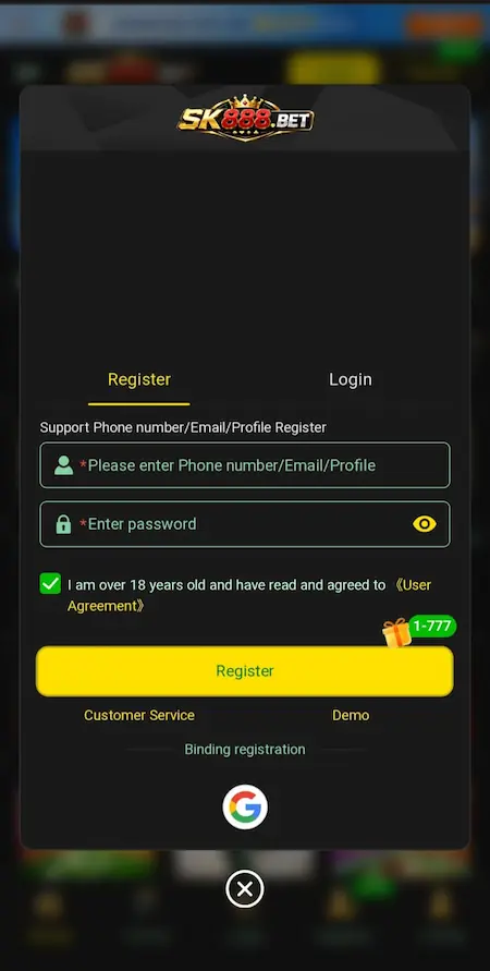 SK888 Bet Game login and sign up screen interface displaying clean secure mobile input fields for phone numbers and verification keys on an Android device.