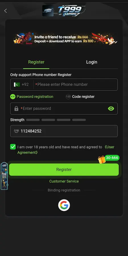 T999 Game registration and login page