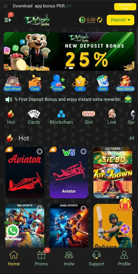 TY777win Game APK 2026 home screen showing the main dashboard and navigation options for Android users in Pakistan.