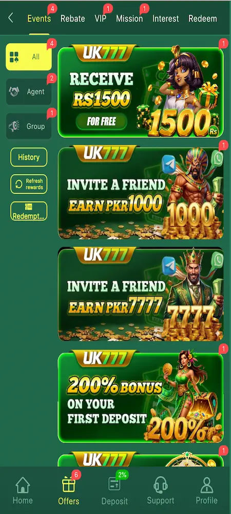 UK777 promotions and bonus offers screen showing rewards and events