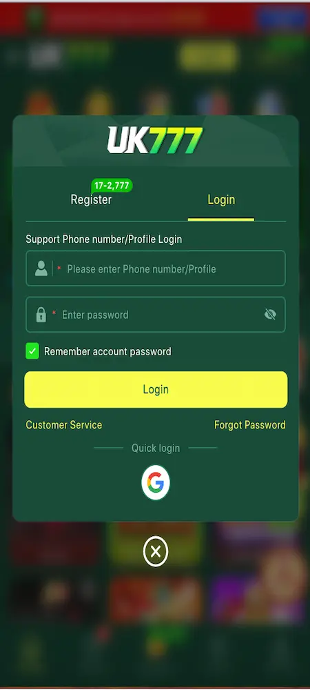 UK777 login and registration screen for new users in Pakistan