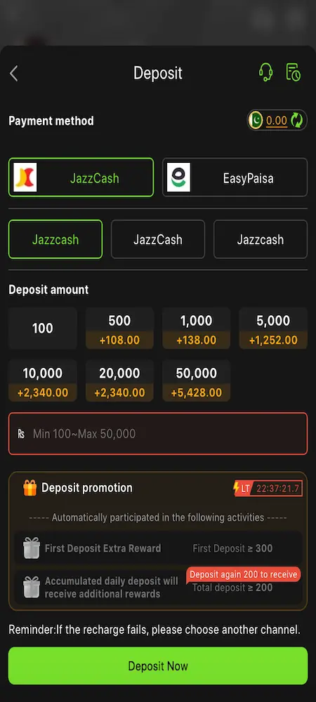 VK999 deposit method screen showing payment options like JazzCash and Easypaisa