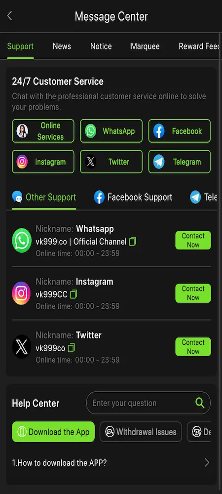 VK999 customer support center for withdrawal and account help