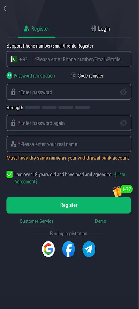 vk999 Game login and registration screen showing user sign in and account creation page 2026