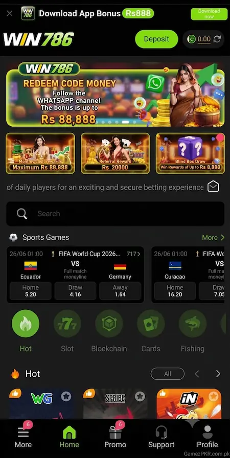 WIN786 Game main interface showing account options, game categories, and navigation features on Android