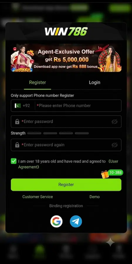 WIN786 Game registration and login screen showing account sign-up and secure user login options