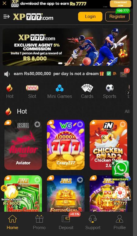 XP777 game dashboard showing the home screen with Hot, Slot, Mini Games, Cards, and Sports categories, plus featured games like Aviator, Crazy777, and Chicken Road.