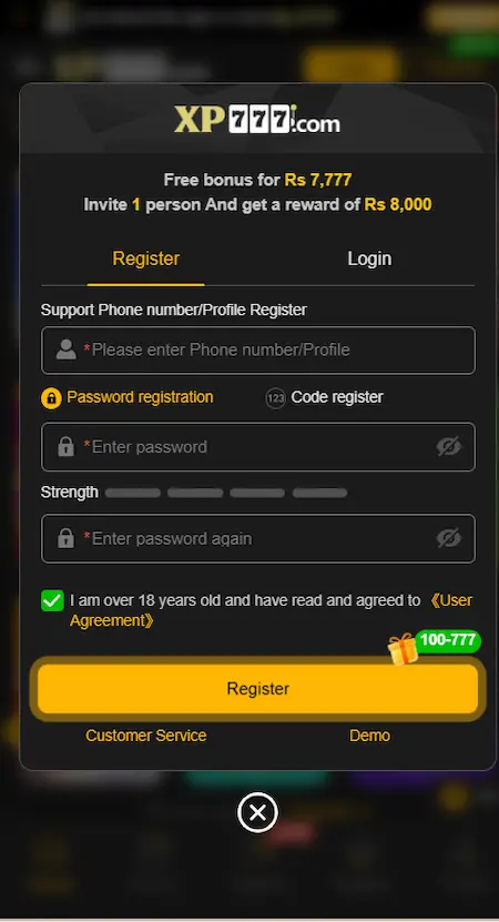 XP777 registration page displaying phone number and password fields, welcome bonus offer, referral reward, user agreement checkbox, and Register button