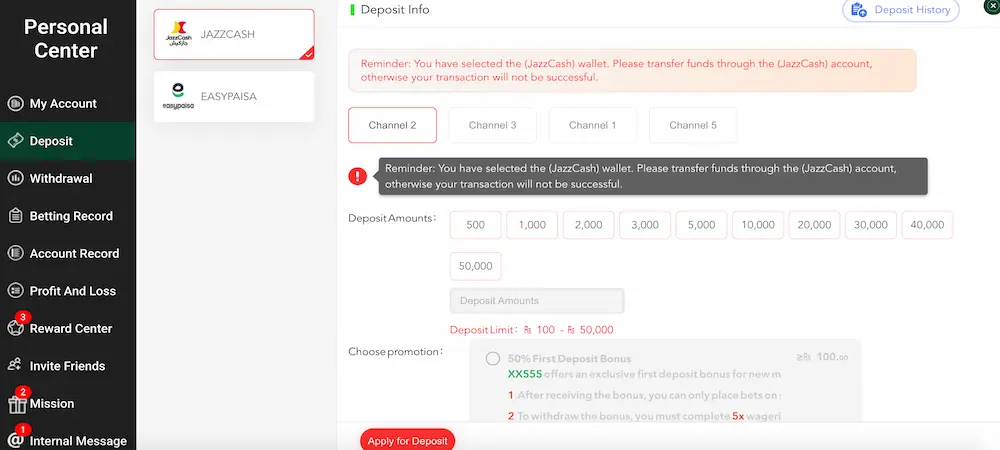 XX555 deposit payment channels showing EasyPaisa, JazzCash and wallet options for account funding in Pakistan