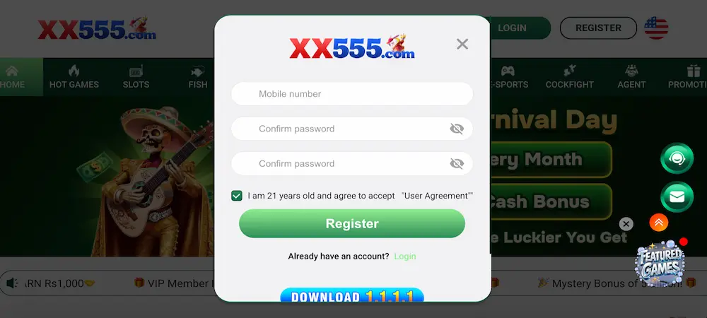 XX555 Game Register & login page 