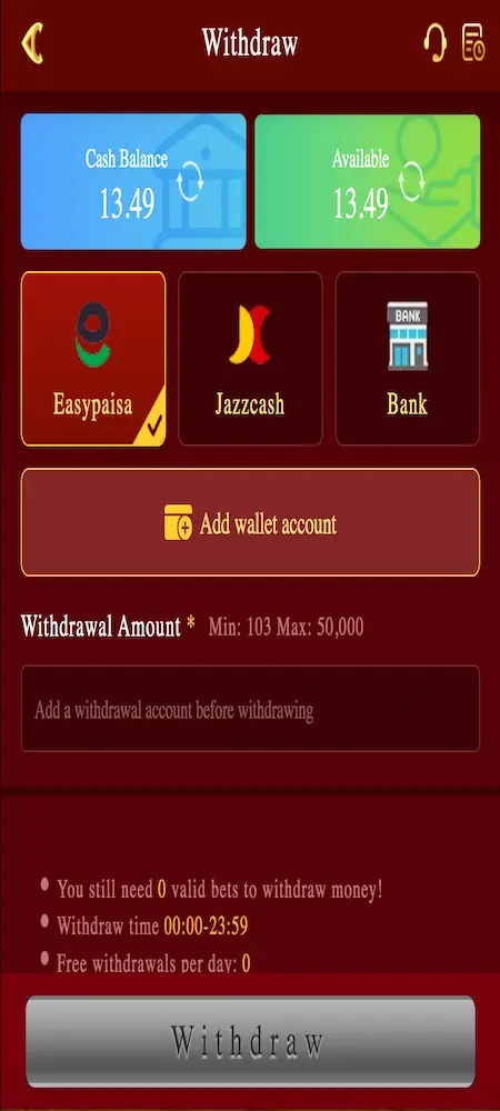 Y71 withdrawal methods showing JazzCash, EasyPaisa, bank transfer and cryptocurrency cashout options in account dashboard