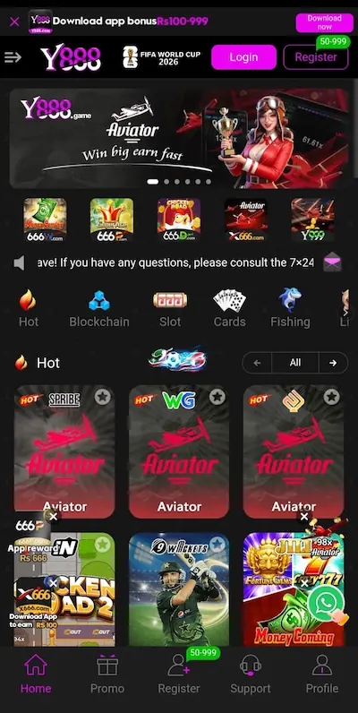 Y888 Game app home screen dashboard interface on Android displaying hot game modules including Aviator, JILI slots, internal sports betting categories, and live casino navigation tabs.