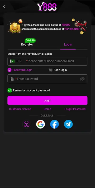 Y888 Game login and registration screen interface on Android displaying the phone number country code plus ninety-two field, account password inputs, and quick sign-in alternatives.